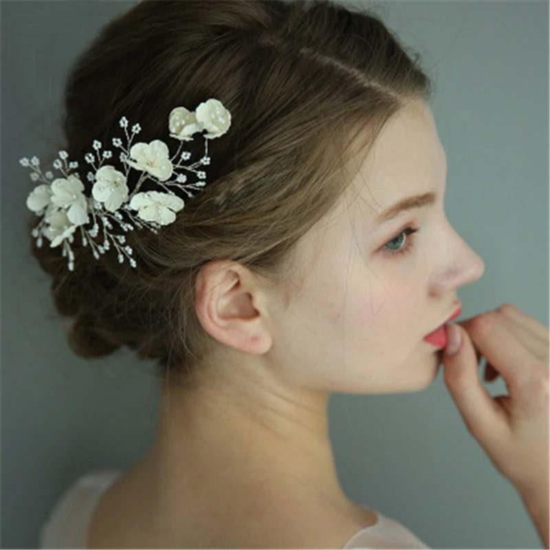 

Crystal White Flower Bridal Hairpieces Wedding Headdress Handmade Beauty Girls Party Jewelry Bride Head Sticks Hair Clips Gifts
