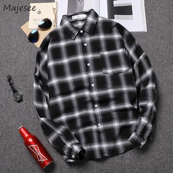

Men Shirt Long Sleeve Autumn Plaid Ulzzang Mens Shirts Casual Vintage Japanese Streetwear Single Breasted Hot Sale Clothes Soft