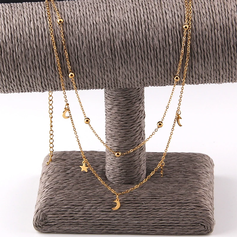 fashion Multilayer stainless steel Pendant Necklace Women Gold Color Beads Moon Star Horn Crescent double chain Choker Necklaces
