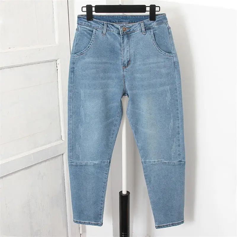 5XL джинсы для женщин в стиле бойфренд свободного размера плюс джинсовые штаны-шаровары женские джинсы с высокой талией женские брюки джинсы для мам женские одноцветные Q2246 - Цвет: Blue jeans