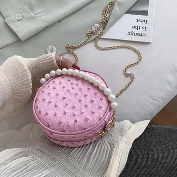 

2020 New Design Circular Crosbody Bags Women Small Round Shoulder Bags Pearl Handle Totes Female Dots PU Leather Handbag