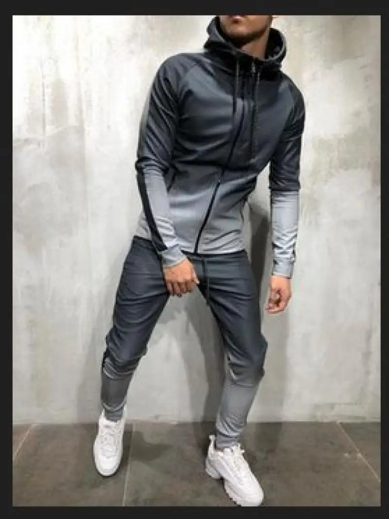 Fashionable men's high neck gradient color sportswear hoodie tops jogger gym plain zipper pocket slim fit