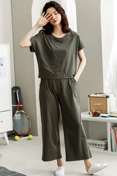 

Women's pajama set short sleeve casual top long pant set thin summer soft cotton print plus size night suit home wear