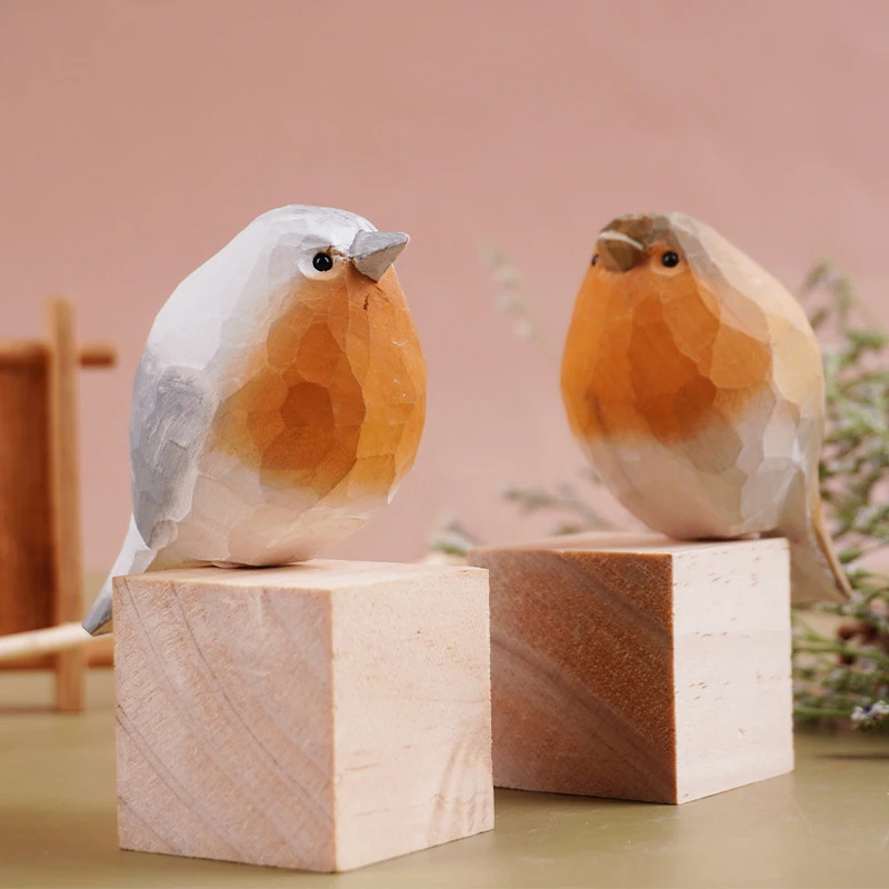 Nordic-style Wooden Bird Lovely Painting Ornaments Figurine Art Handmade Carving Decor Miniature Animals Crafts Children Gifts