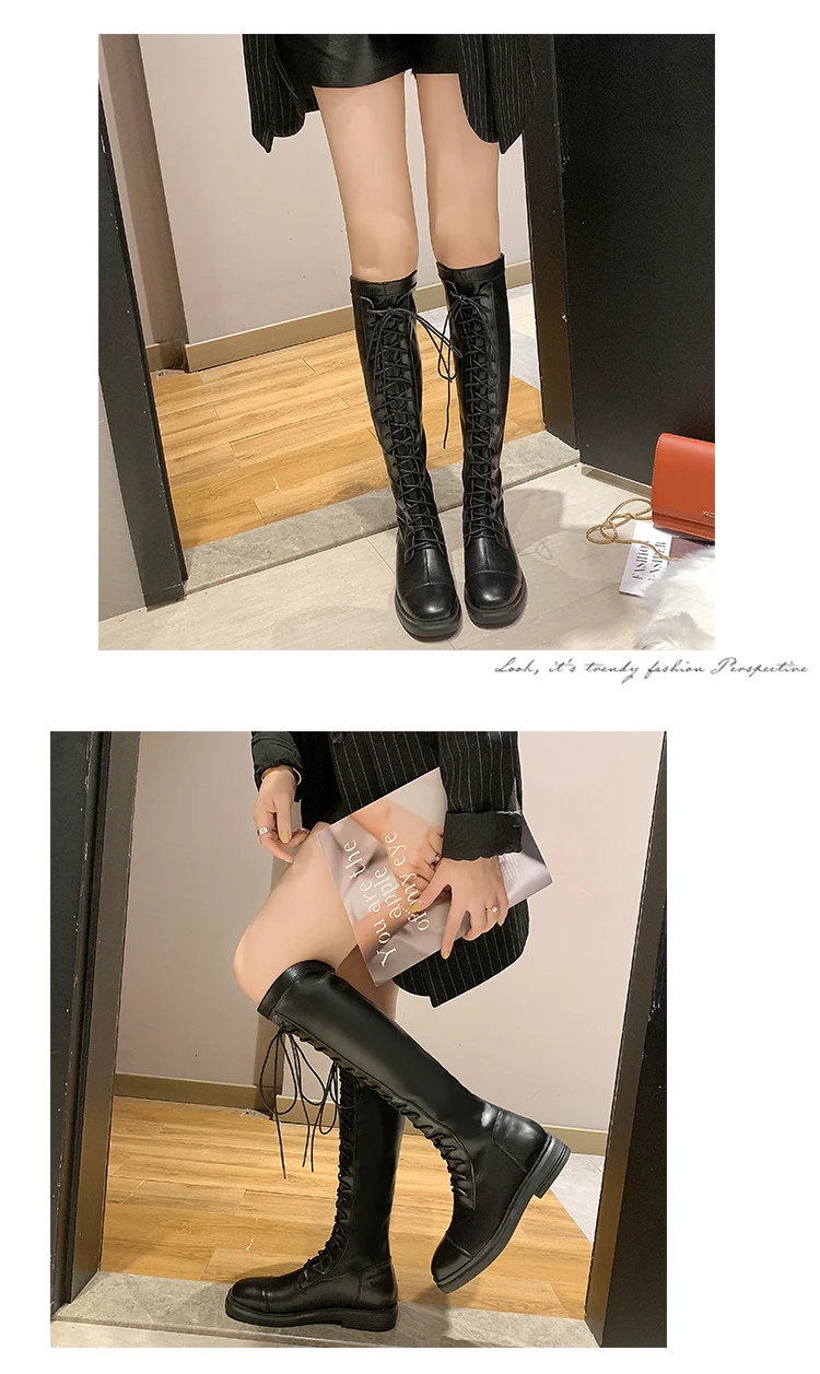 Однотонные длинные Ботинки martin с перекрестной шнуровкой; рыцарские сапоги до колена с круглым носком на не сужающемся книзу массивном каблуке; Женская обувь в байкерском стиле; bottes