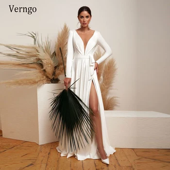 

Verngo New 2021 Simple Soft Satin A Line Wedding Dress Long Sleeves Side Slit V Neck Bridal Gowns With Sash Buttons Back
