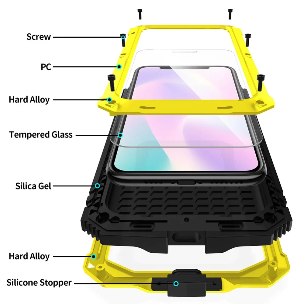 For iPhone 11 Pro Max XS XR XS Max X Metal Aluminum Armor Shockproof Heavy Duty Waterproof Case protective Cover+Tempered glass (21)