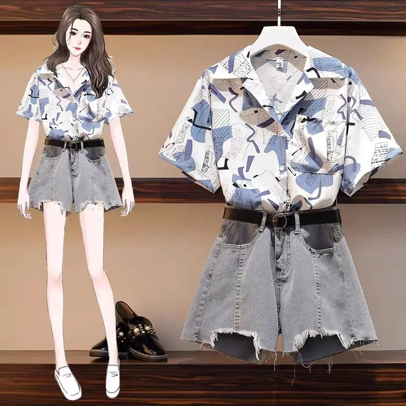 

Women's sexy casual suit summer new Harajuku shirt denim shorts beach party two-piece suit jeans traf y2k pantalones de mujer