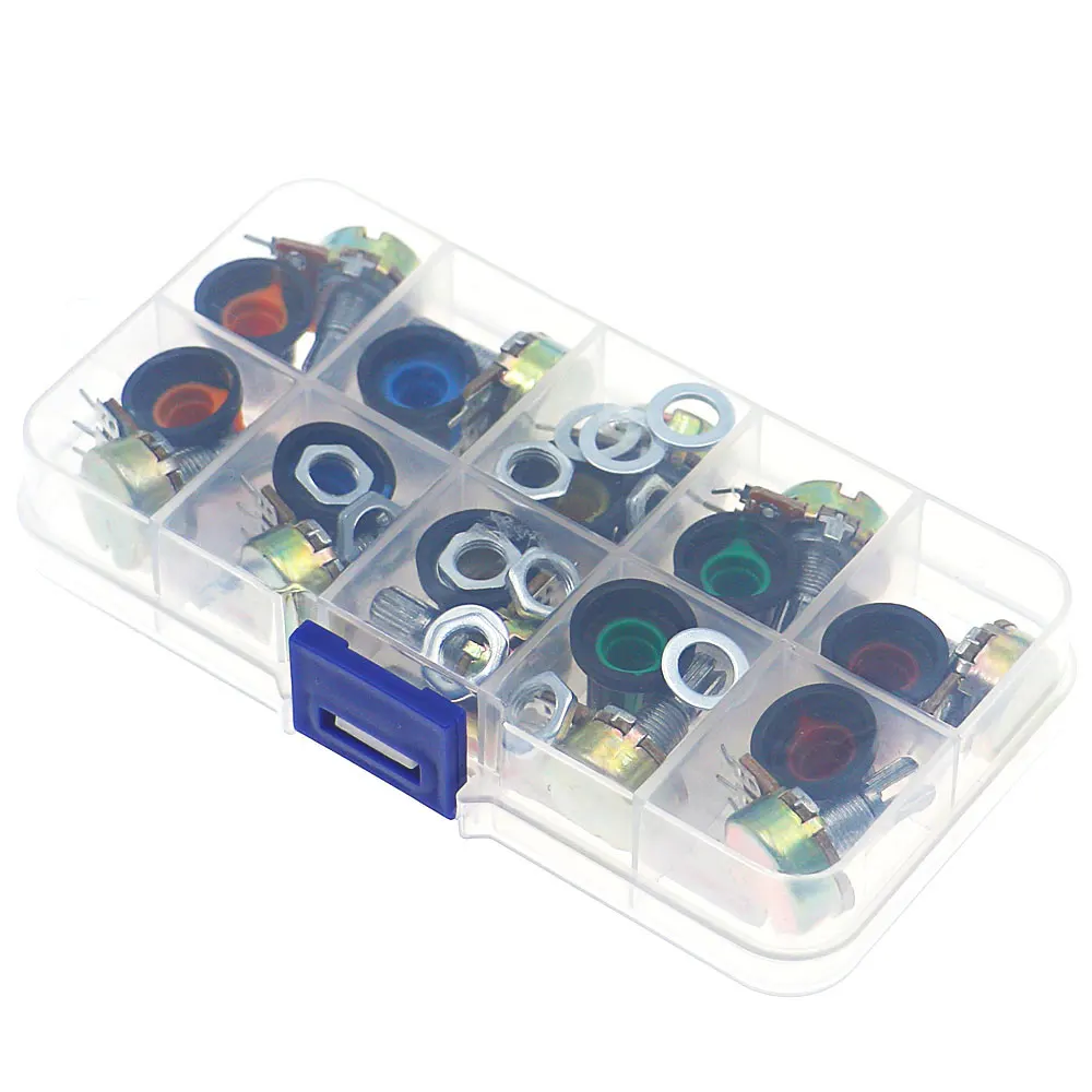 10Pcs WH148 단일 전위차계 키트 상자 B1K/B2K/5K/10K/20K/50K/100K/500K/1M 손잡이 포함 단일 전위차계 세트 샤프트 너트