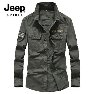 JEEP SPIRIT Новая мужская рубашка в стиле милитари с длинным рукавом мужские рубашки с отложным воротником хлопок мужская рубашка - Цвет: Армейский зеленый