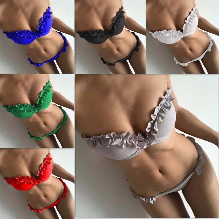 Sexy Bikini Strap Solid Color Swimsuit Women's Lace off-Shoulder Backless 2 piece swimsuit women bathing suit | Женская одежда