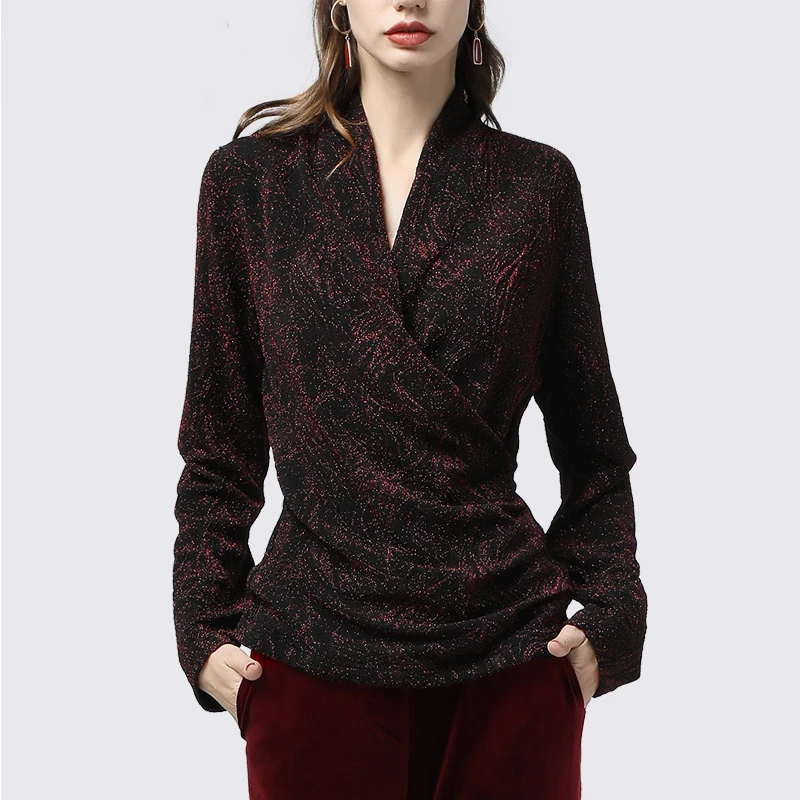 

Metal Fiber Women Winter Sweaters Red Floral Long Sleeve V-Neck Knitted Top Pullovers Plus Size Street Wear Warm Bottom Sweater