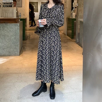 

women retro print midi dress long sleeve female casual vintage dresses vestidos