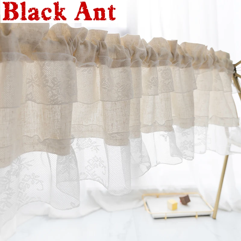 

Japanese Hemp Voile Short Curtain Three-layer Pleat Lace Half Curtain for Kitchen Door Bedroom Small Window Partition DL-X743#3