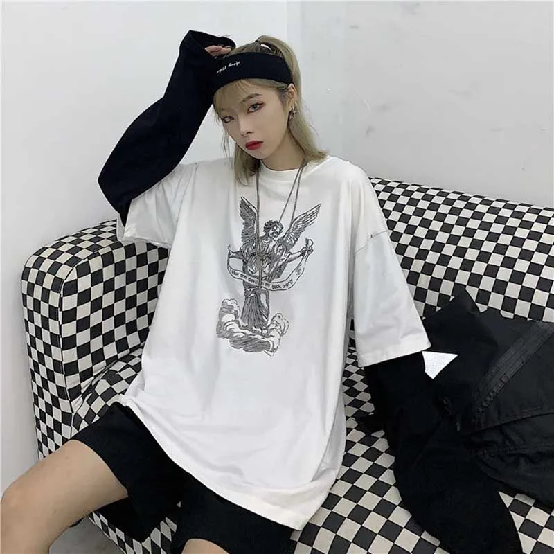 white-1 NiceMix Lychee Осенняя женская футболка в стиле Харадзюку С буквенным принтом ангела в полоску из кусков Повседневная Свободная Женская футболка с круглым вырезом и длинным рукавом - Цвет: white-1