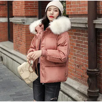 

Aulead 2019 Winter Hooded Parkas Women Big Fake Fur Down Cotton Jacket Coat Ladies Warm Loose Cotton Padded Coats Female Short 5