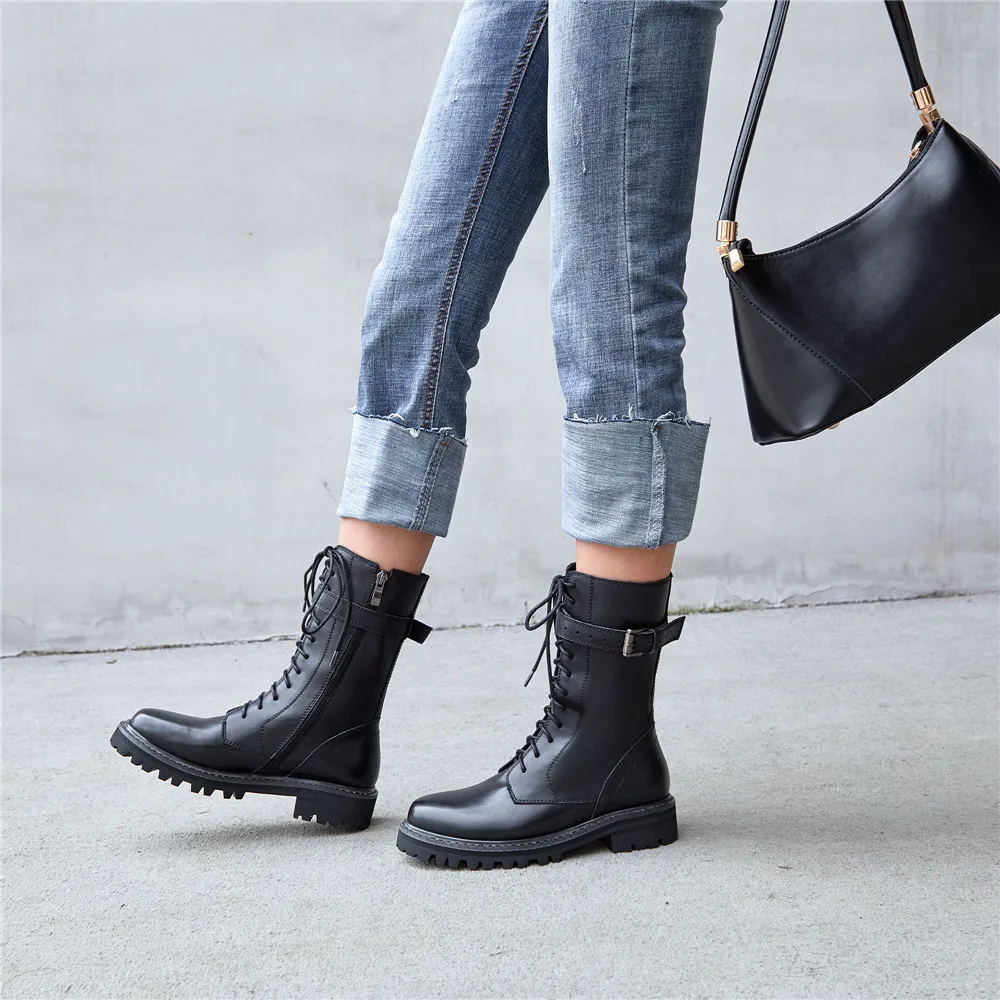 Full genuine leather lace up med heels punk superstar equestrian knee high boots buckle fasteners plus size 34-43 YT12 MUYISEXI