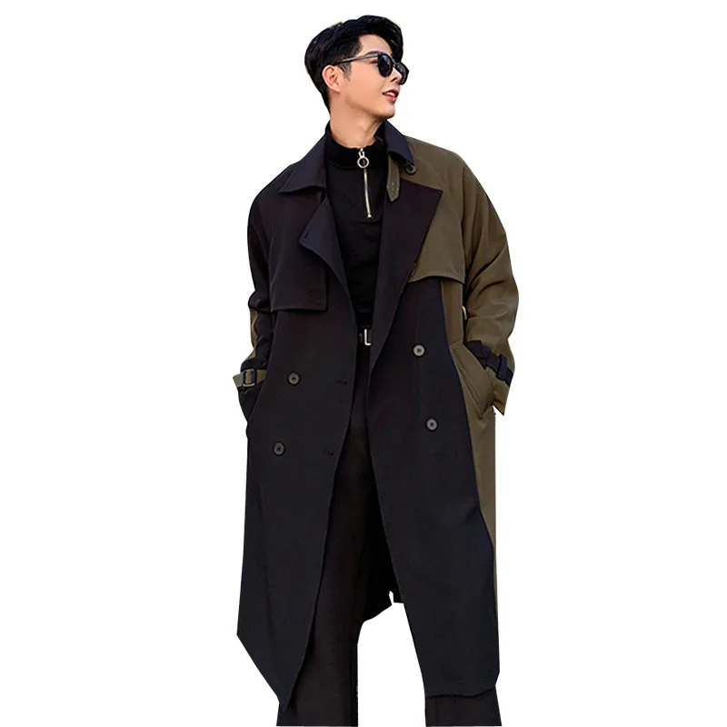 Men Autumn Winter Splice Sashes Loose Casual Chic Long Trench Coat Male Vintage Streetwear Hip Hop Windbreaker Overcoat Jacket
