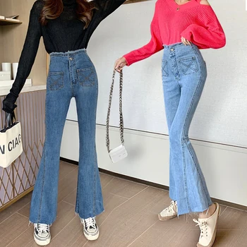 

Make high waist jeans flares elastic bootleg new autumn/winter trousers loose wide-legged show thin han edition