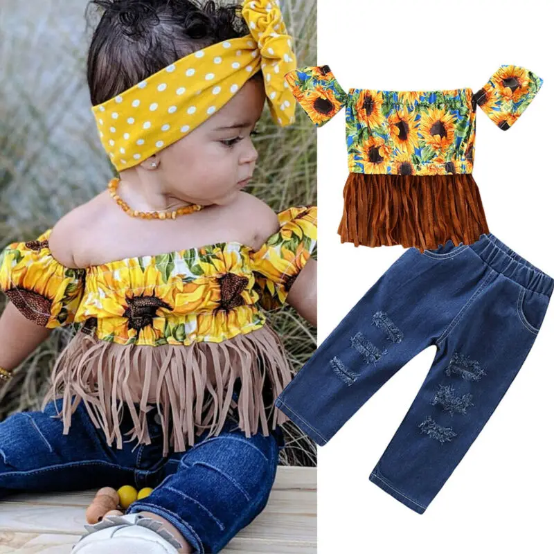 

UK 2PCS Toddler Kids Baby Girl Summer Clothes T-shirt Tops+Denim Pants Outfits