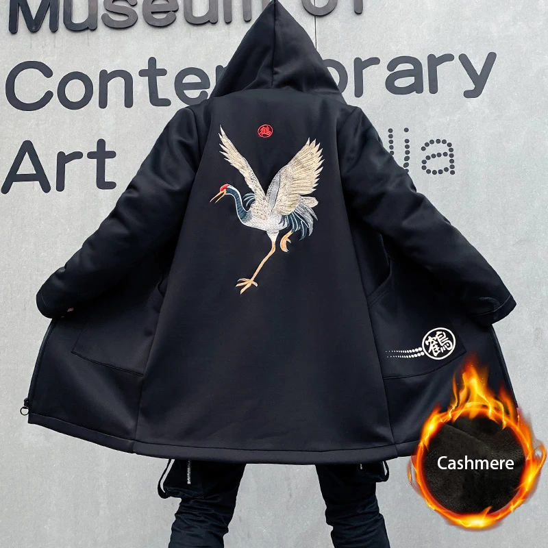 

2019 Winter Jacket Men Embroidery Crane Hooded Warm Parka Fashion Oversize Style Couple Series Cotton Padded Coat