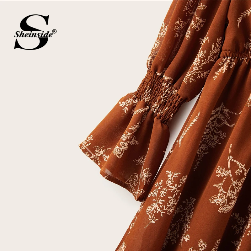 Sheinside, элегантное платье с гофрированным воротником и цветочным рисунком, для женщин,, осень, с воланами, рукав, ТРАПЕЦИЕВИДНОЕ ПЛАТЬЕ, для девушек, с оборками, с подолом, мини-платье