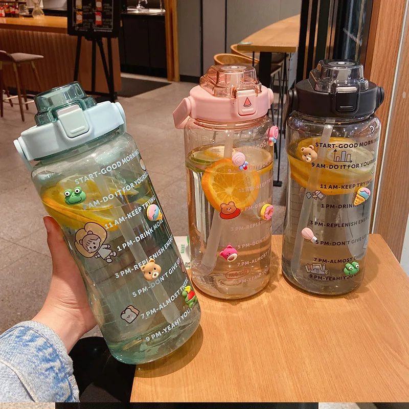 

2L Large Capacity Sports Straw Water Bottle with 3D Stickers Portable Fitness Gym Bike Cup with Time Marker For Outdoor Sports