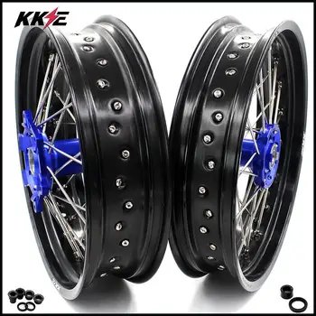 

KKE 3.5 5.0 17 Inch Spoked Supermoto Wheels Rims Set For YAMAHA WR250F 2001-2018 WR450F 2003-2018 Supermotard Blue