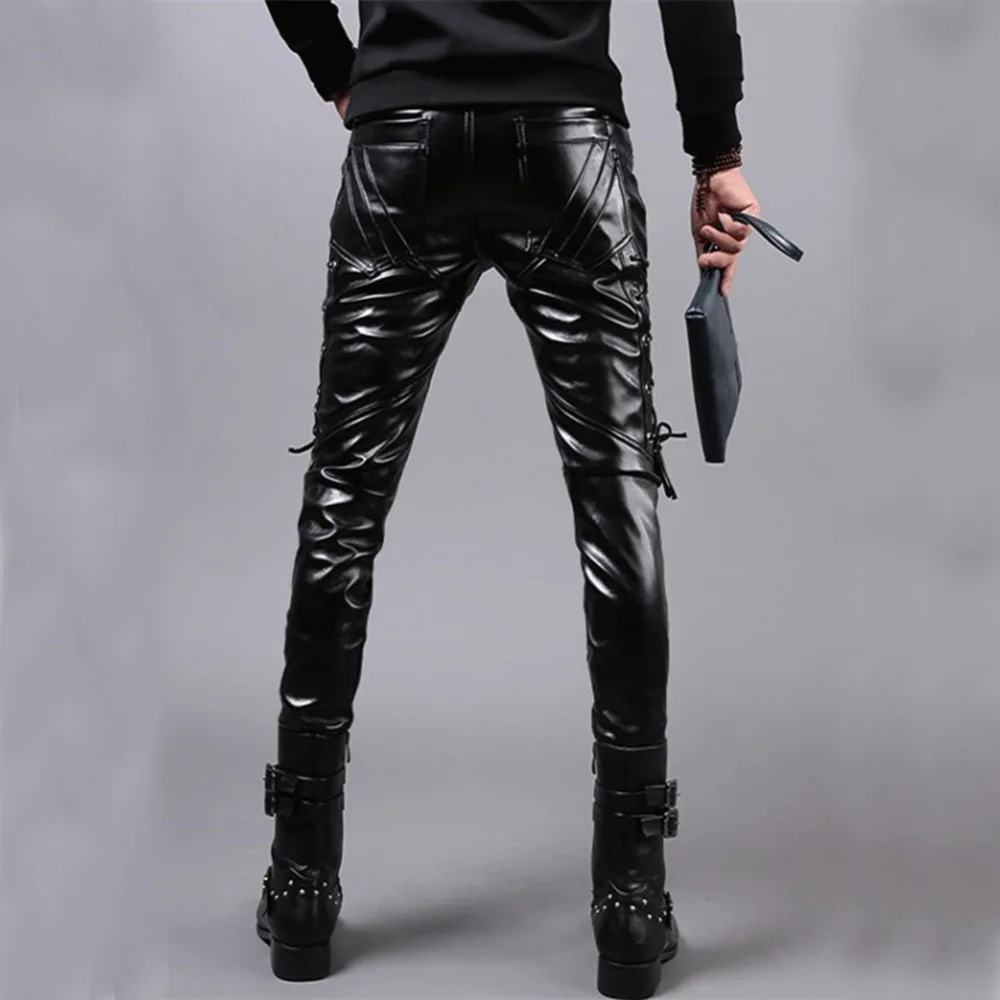 Idopy Men`s Pleather Pants Punk Style Skinny Lace Up Party Stage Performance Night Club Steampunk Faux PU Leather Trousers