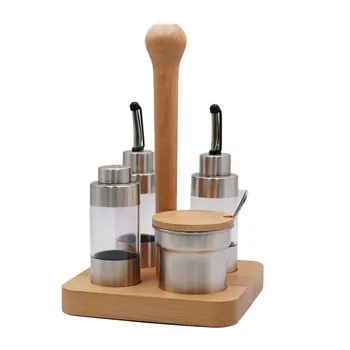 

Kitchen Seasoning Bottle Set with Wooden Rack Translucent Pepper Bottle Holder Tools for Oil Salt Vinegar Soy Sauce Storage