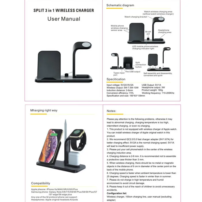 3 In1 Qi Wireless Charger Dock Stand Station for Apple Watch 2/3 Airpods iPhone UY8