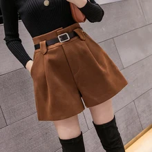 Осень-зима, шерстяные шорты для женщин, высокая талия, женские свободные толстые теплые сапоги, шорты с широкими штанинами, шорты трапециевидной формы, свободный пояс