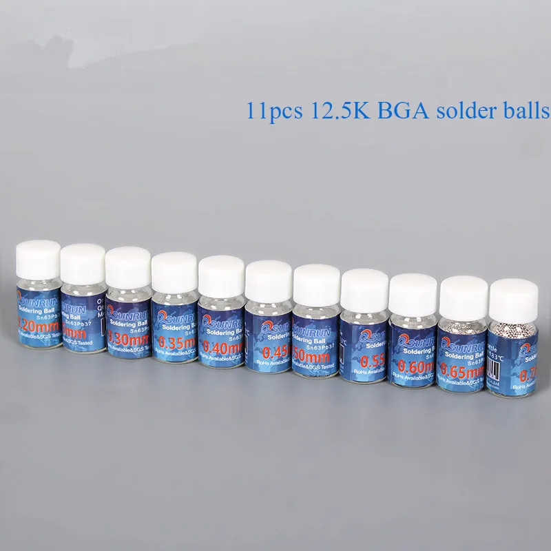 

11Pcs/Lot ( 0.2/0.25/0.3/0.35/0.4/0.45/0.5/0.55/0.6/0.65/0.76 ) 12.5K Leaded Solder Ball Kit BGA Reballing