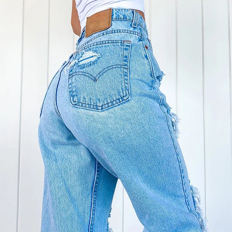 Ladies streetwear jeans casual straight leg jeans high waist loose fitting jeans ripped holes thin women denim trousers