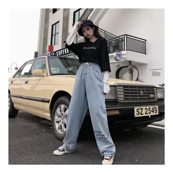 

Harajuku Jeans Women Light Blue Retro Kpop Loose Plus Size Printed Letter Hyuna High Waisted Jeans 2020 New Free Shipping
