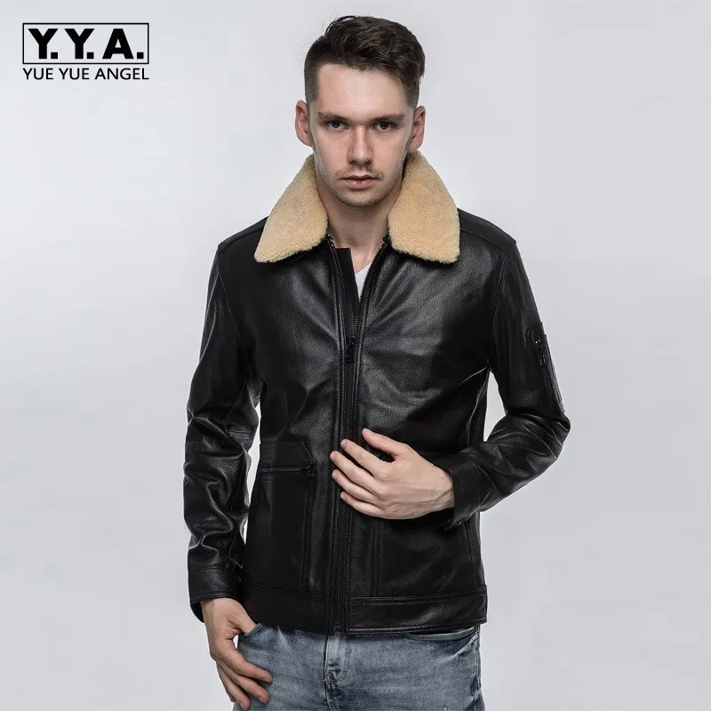 

Mens Luxury 100% Sheepskin Genuine Jacket Pilot Slim Fit Fur Collar Aviator Coat Motorcycle Male Outwear Leather Jackets