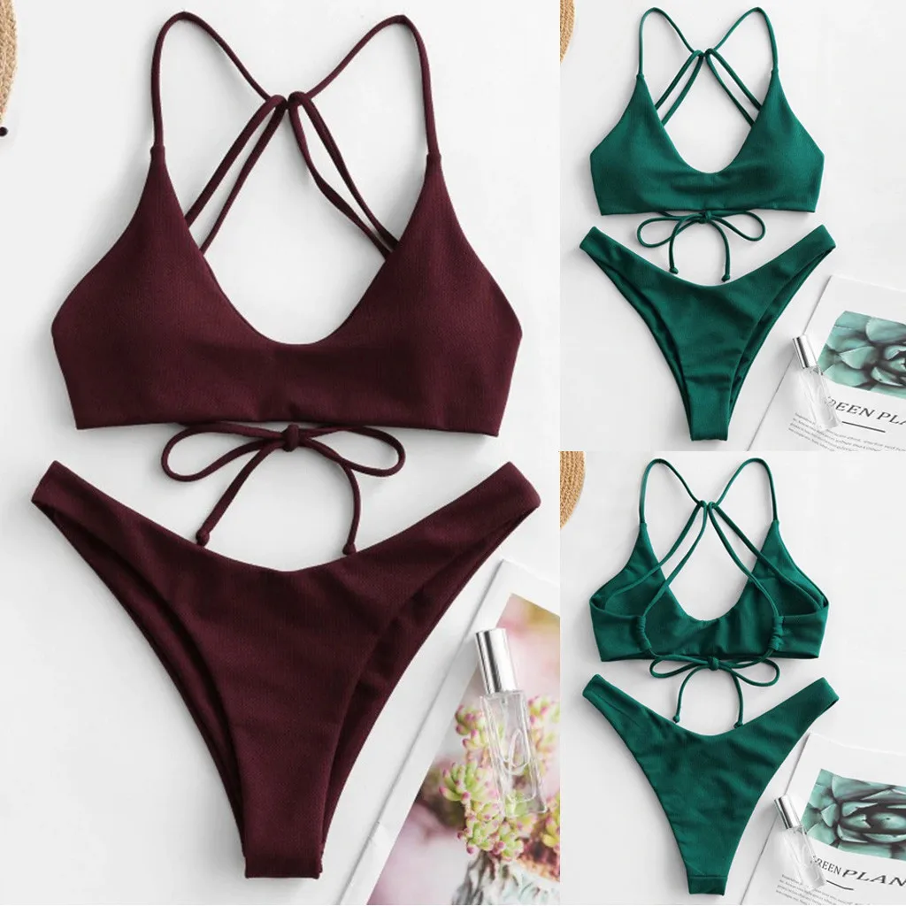 Solid Color Bikini Set Sexy Swimwear Women Two Piece Push Up Biquini Bathers Bandage Bathing Suit Swimsuit Beachwear | Женская одежда