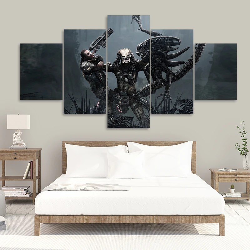 

Modern Home Decor Poster Frame Modular 5 Pieces HD Printed Alien Predator Painting Canvas Wall Art Movie Game Pictures