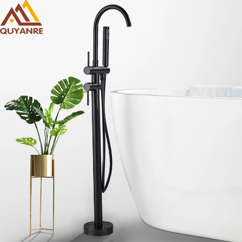 Bathtub Faucet Quyanre Black Bathtub Floor Stand Faucet Mixer Single Handle Mixer Tap 360 Rotation Spout ABS Handshower Bath Shower