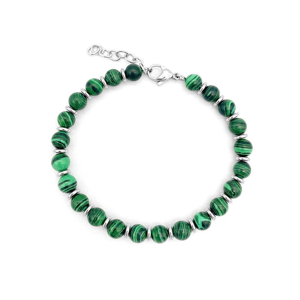 Runda Men's Natural Stone Bracelet Malachite 6mm with Stainless Steel Adjustable Size 22cm Handmade Bead Bracelet for Women