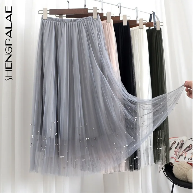 SHENGPALAE New Fashion Autumn Pleated Bead Decoration Elastic Band Straight Skirt Women Solid Tide Faldas Mujer Moda 9A270