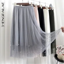 SHENGPALAE New Fashion Autumn Pleated Bead Decoration Elastic Band Straight Skirt Women Solid Tide Faldas Mujer Moda 9A270