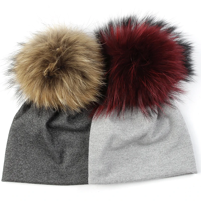 Geebro Newborn Baby Girls Boys Winter Cotton Stretch Beanies hats Caps Soft Baby Kids With 15 cm Real fur pompom Gifts 6