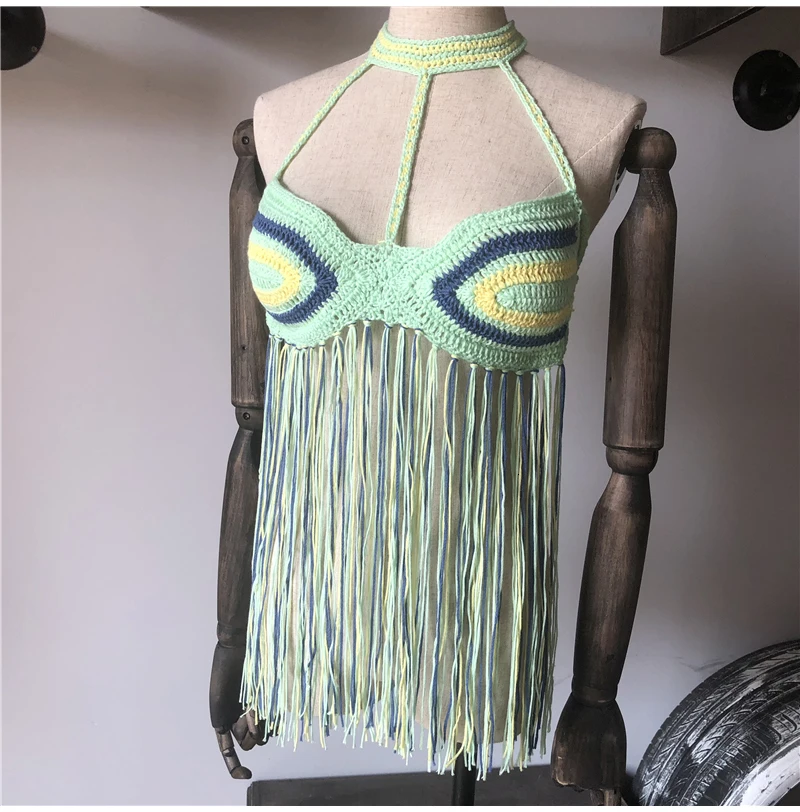 Вязание крючком бикини сексуальный женский бикини с кисточками Топ Boho пляжный купальник бахрома вязаная крючком бикини бюстгальтер Холтер Camisoles Tank купальник