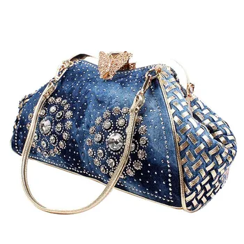 Pochette da donna con strass in denim per la festa serale Borsa a tracolla in denim da donna con decorazione a farfalla chic
