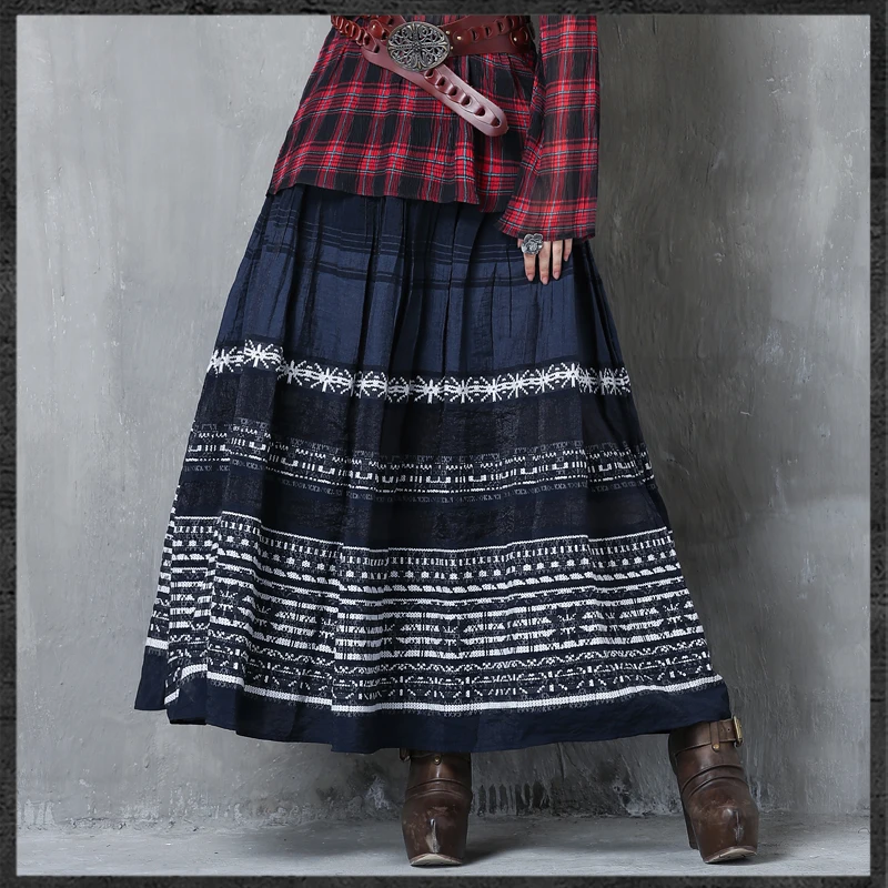JINGRUI Новая Осенняя Женская плиссированная юбка в полоску с вышивкой в национальном стиле