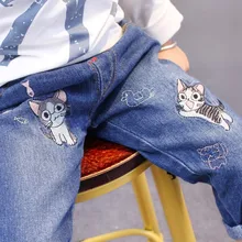 Новые стильные джинсы для девочек модные Универсальные крутые джинсы с рисунком кота