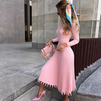 

Women's dress 2020 spring new fashion women's mid-length solid color knitted pleated dress women