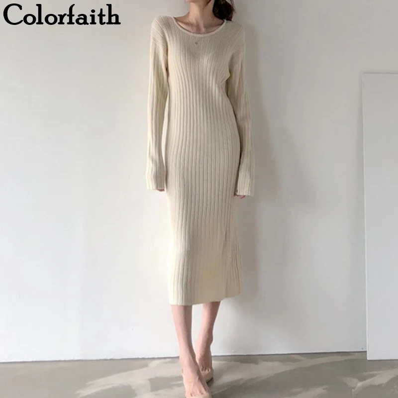 

Colorfaith New 2019 Autumn Winter Women Dresses Fashionable Sheath Package Hip Elegant Casual Midi Female Solid Dress DR9277