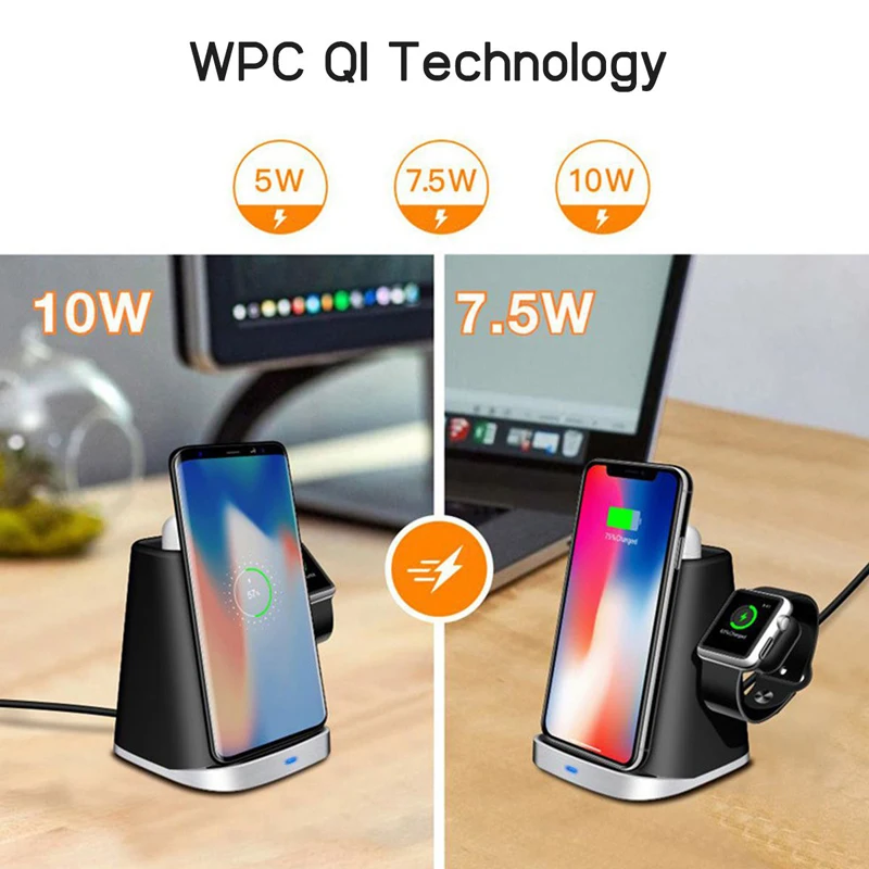 3 в 1 Qi Беспроводной Зарядное устройство Pad для Airpod for Apple Watch 2/3/4 Быстрая зарядка док-станция для iphone XR XS X 8 для samsung S10E